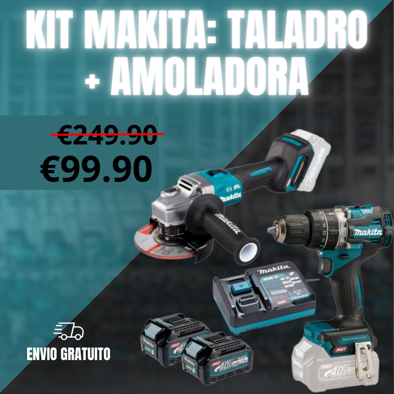 KIT MAKITA ORIGINAL: QUEDAN 6 UNIDADES - TALADRO INALÁMBRICO + AMOLADORA DE ALTO IMPACTO + 26 ACCESORIOS + 2 BATERIAS - PROMOCION CIERRE DE LA TIENDA