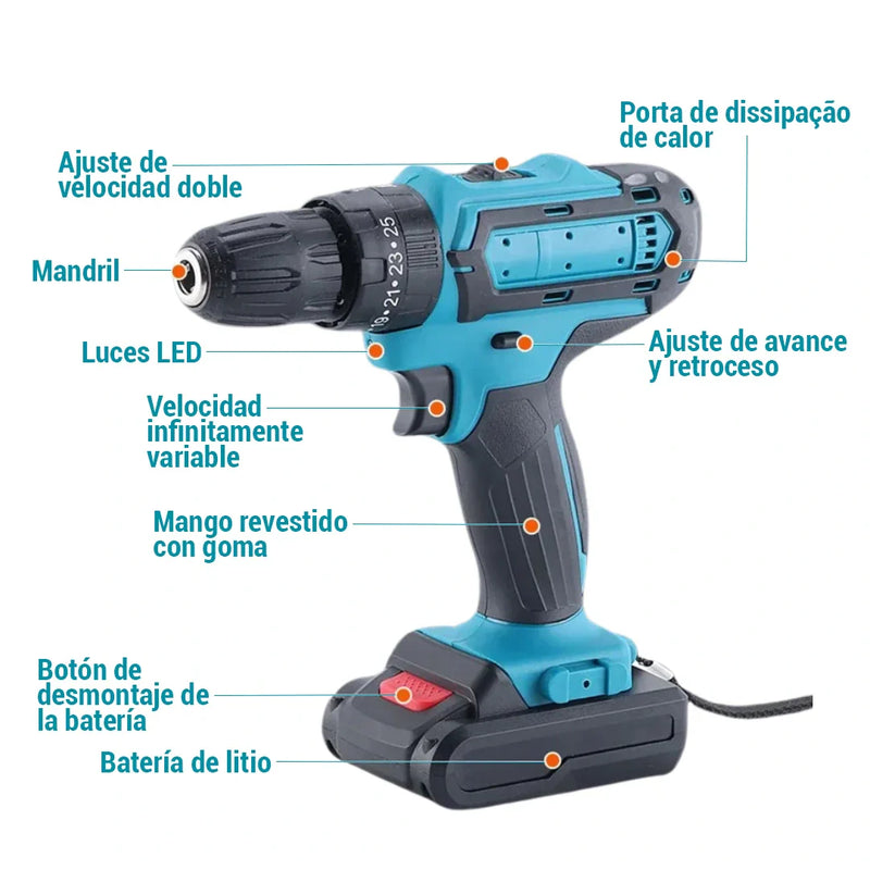 [PROMOCIÓN DE ANIVERSARIO] Combo Taladro Inalámbrico 24v - FuerzaPro (27 piezas + 2 baterías + estuche) 🎁